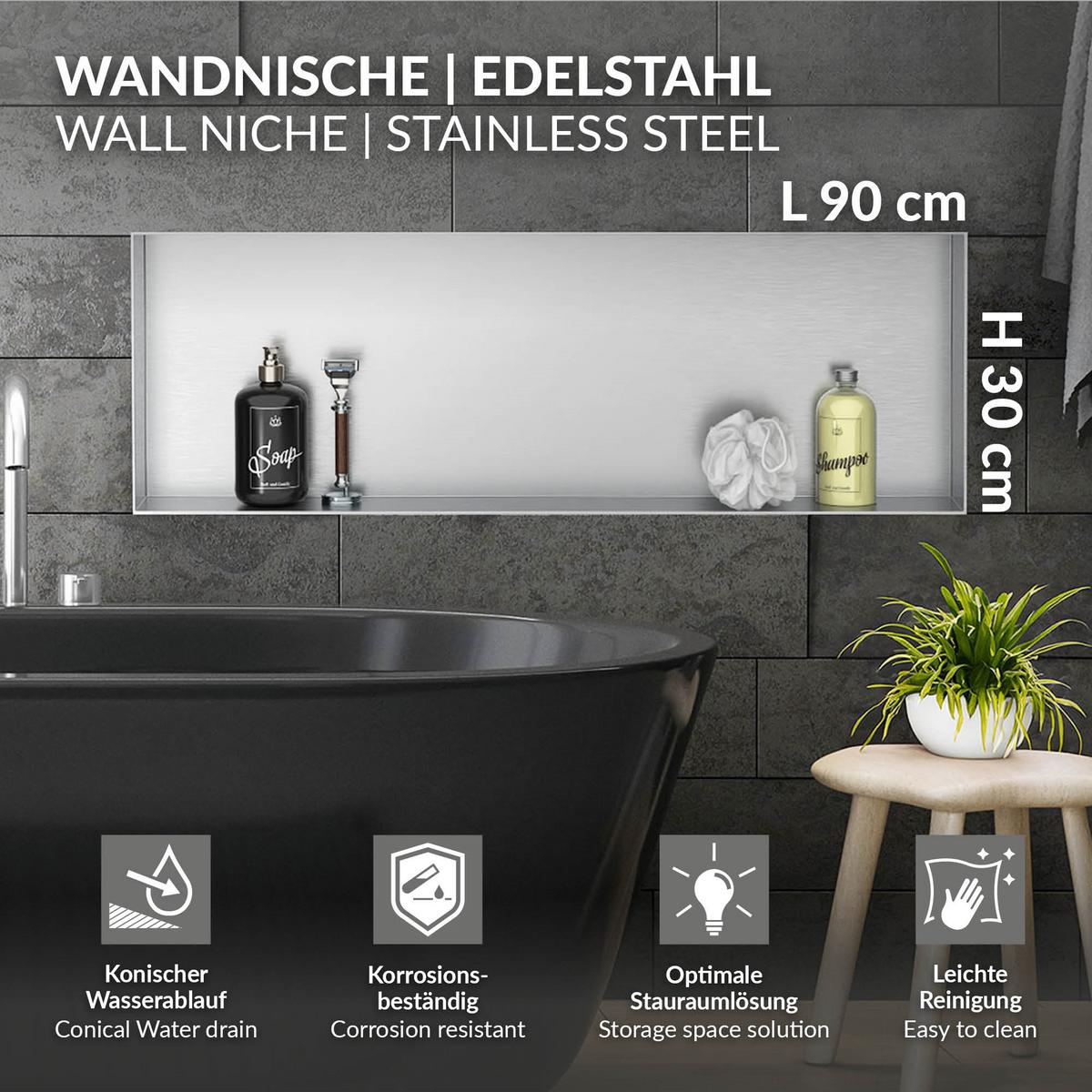DUSCHNISCHE Silber 90/30 cm - Silberfarben, Metall (90/30/10cm) - LuxeBath