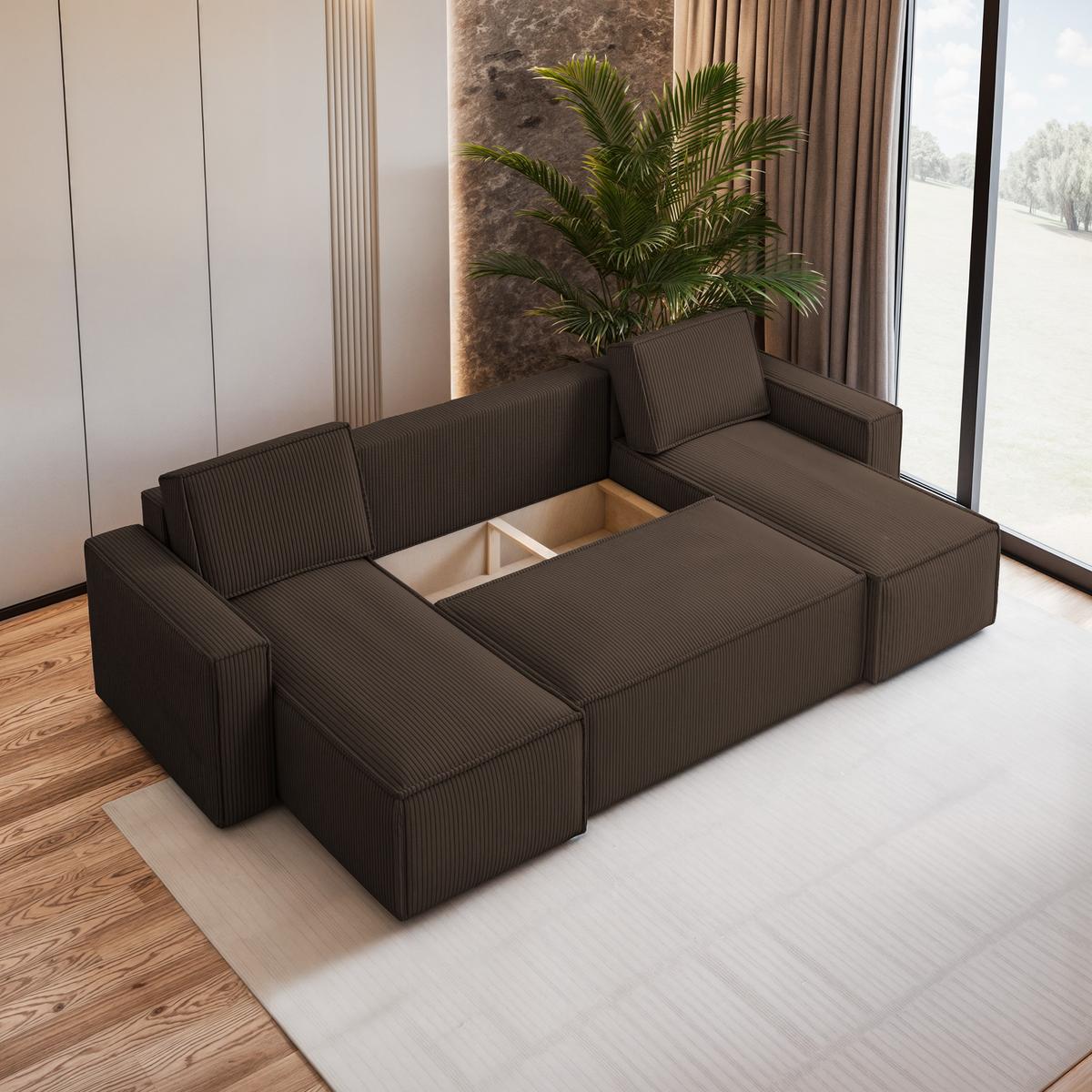 WOHNLANDSCHAFT PESANO P Braun Kordstoff mit Schlaffunktion - Braun/Grau, Holz/Kunststoff (306/85/140cm) - MASSENO