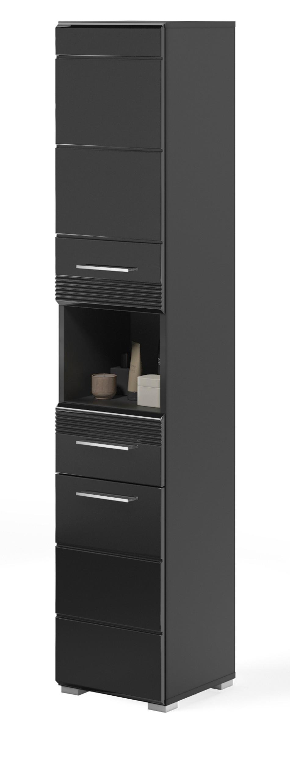 HOCHSCHRANK in schwarz Hochglanz, Badschrank 182 cm - Schwarz Hochglanz/Silberfarben, Holzwerkstoff/Kunststoff (30/182/31cm) - Inn.Furn