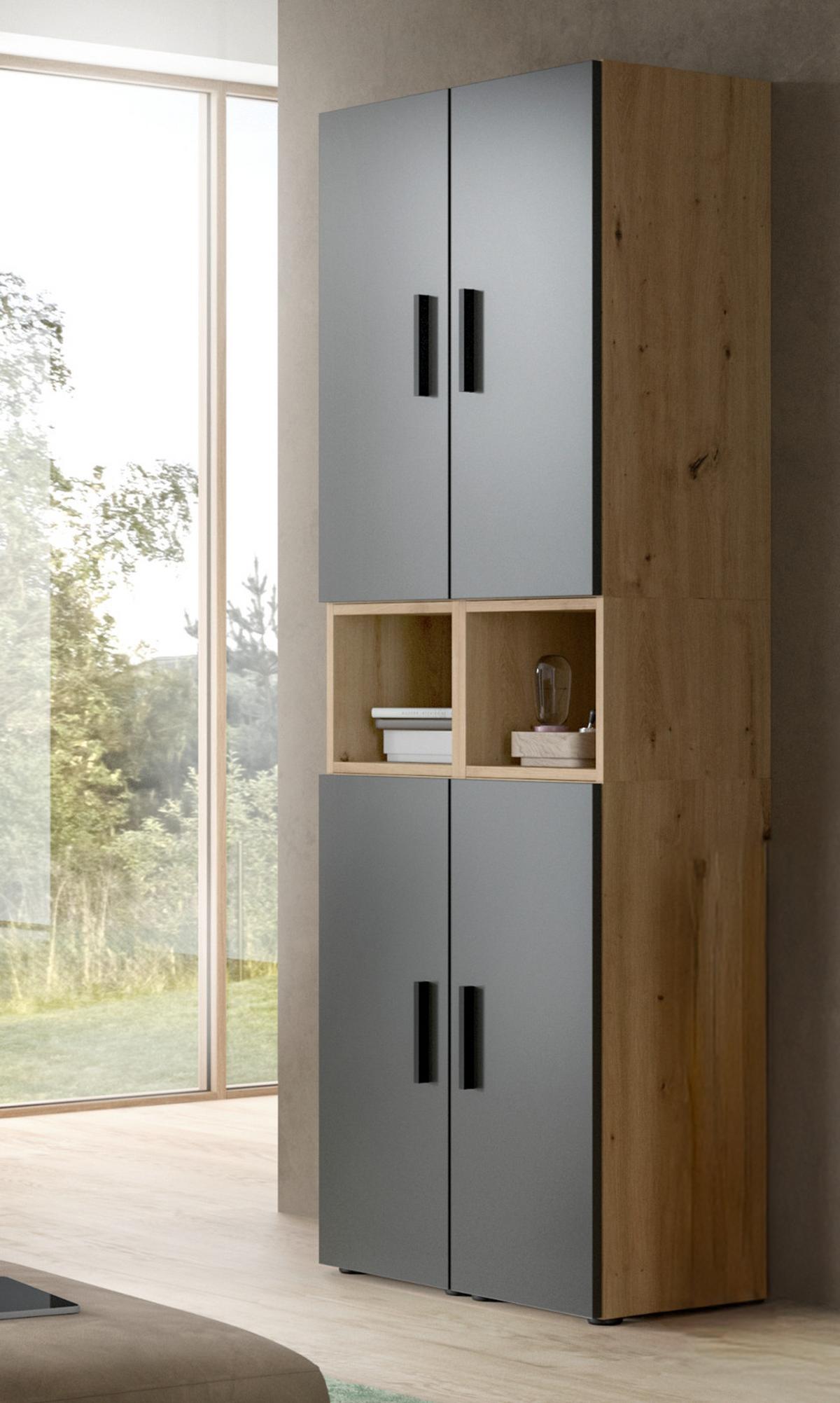 STAURAUMSCHRANK grau, Eiche Artisan 65 x 178 cm, Mehrzweckschrank mit viel Stauraum - Schwarz/Eiche Artisan, Holzwerkstoff/Kunststoff (65/178/34cm) - Inn.Furn