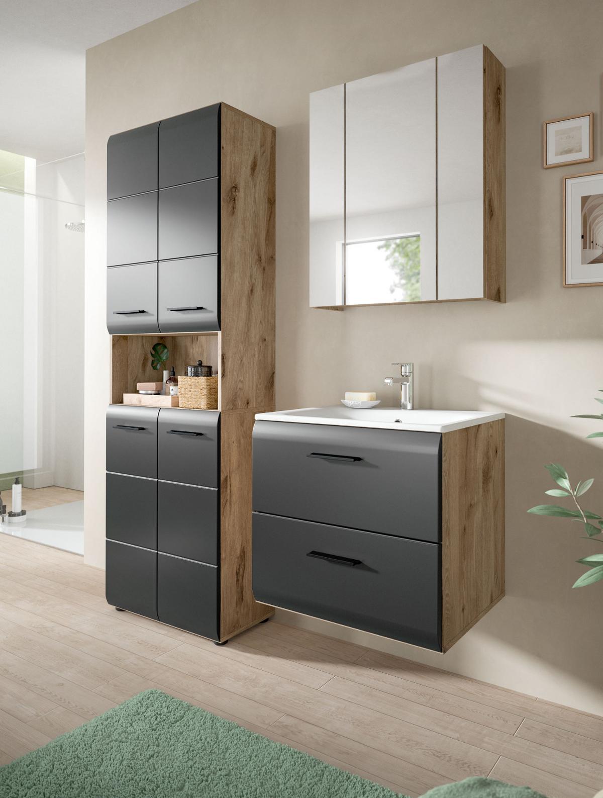 BADMÖBEL-SET 2-teilig Schwarz matt und Eiche Komplett-Set mit Waschbecken, 60 x 185 cm - Eichefarben/Schwarz, Glas/Holz (60/185/46cm) - Inn.Furn