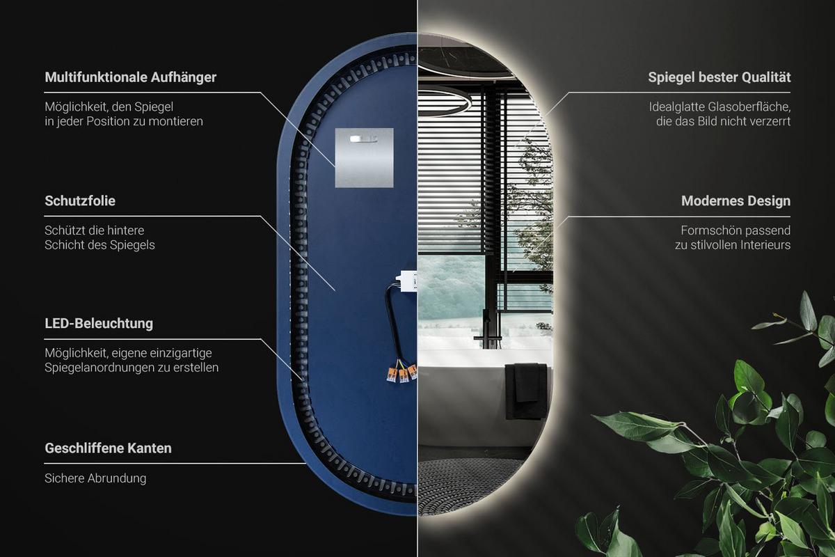 LED-SPIEGEL 40x70 cm Asymmetrisch Neutralweiß 4000K - Hellblau, Glas (40/70/0.4cm) - Wallfluent