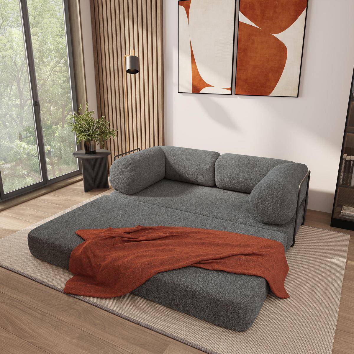 BETTSOFA EIREN aus Schaumstoff Bucle-Stoff Grau Schlaffunktion - Grau, Textil (170/68/80cm) - MASSENO