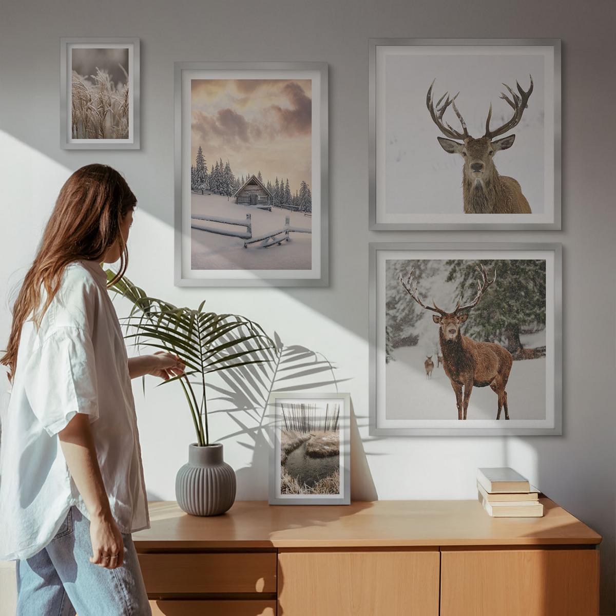 BILDER SET 5er Set - 50x50 cm & 20x30 cm & 40x60 cm Silberner Rahmen - Winterlandschaft mit Hirschen - Silberfarben, Kunststoff (40/60cm) - TULUP