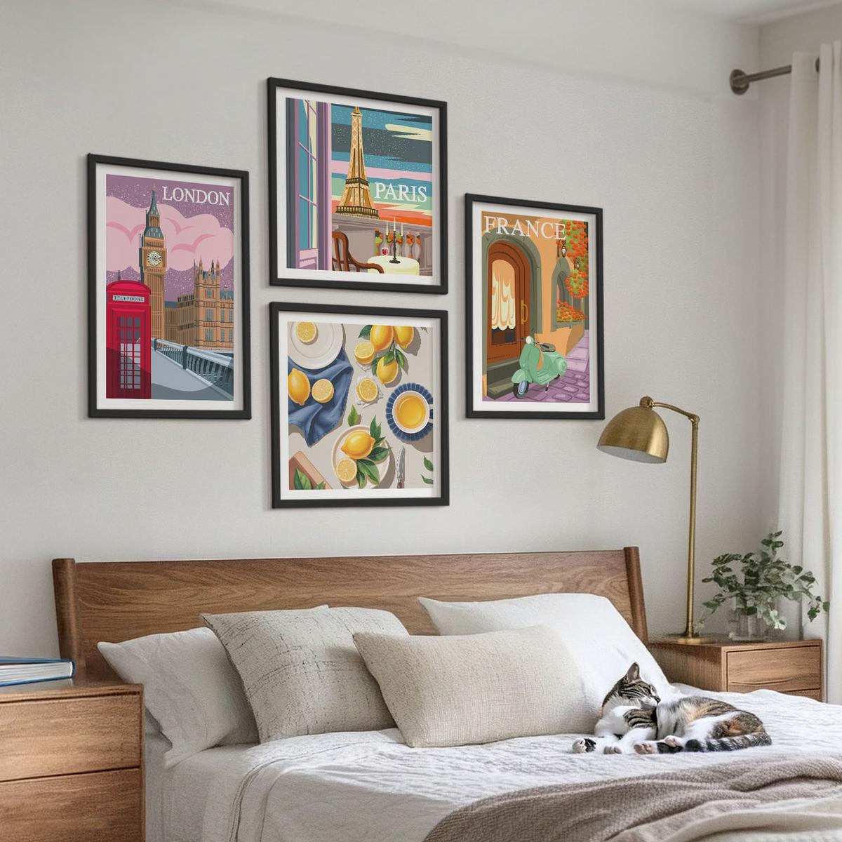 BILDER SET 4er Set - 50x50 cm & 40x60 cm Schwarzer Rahmen - Stadtansichten Paris London Frankreich - Schwarz, Kunststoff (50/50cm) - TULUP