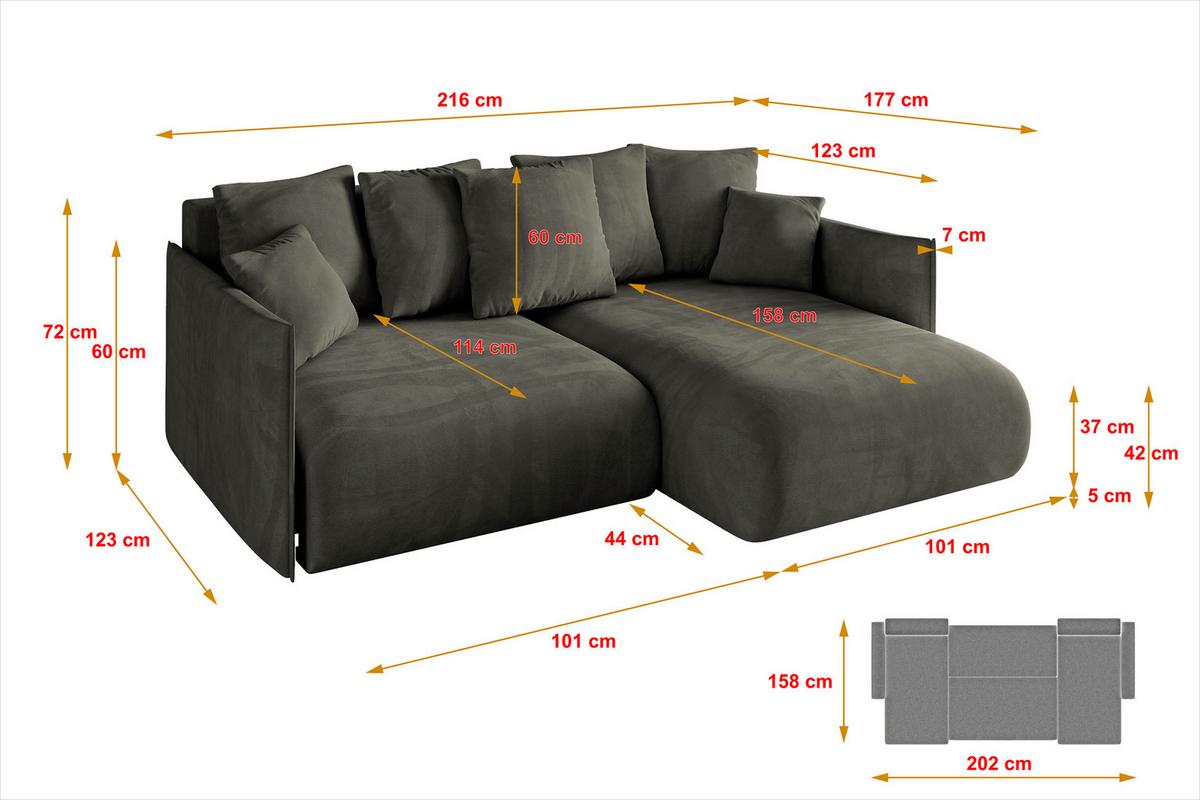 ECKSOFA Ottomane rechts ONESK-L 216x177x72 Schwarz Velours - Schwarz, Holzwerkstoff/Kunststoff (177/216cm) - ALTDECOR