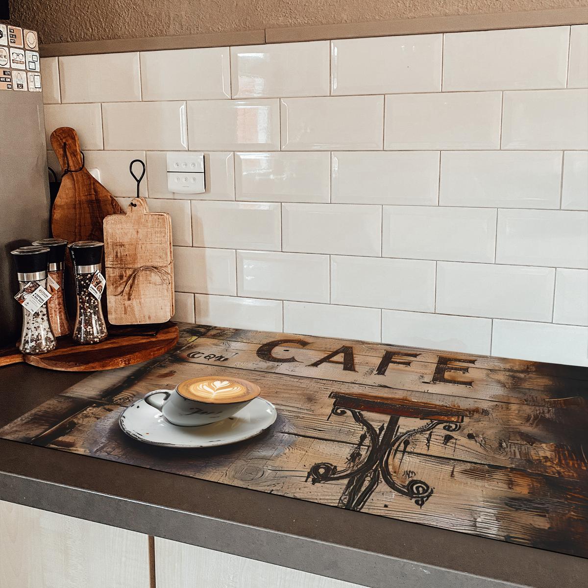 HERDABDECKPLATTE Cafe - Holz - Kaffee - Regale Induktionsschutz 91.6x52.7 cm - Schwarz, Kunststoff (91.6/52.7/0.2cm) - MuchoWow
