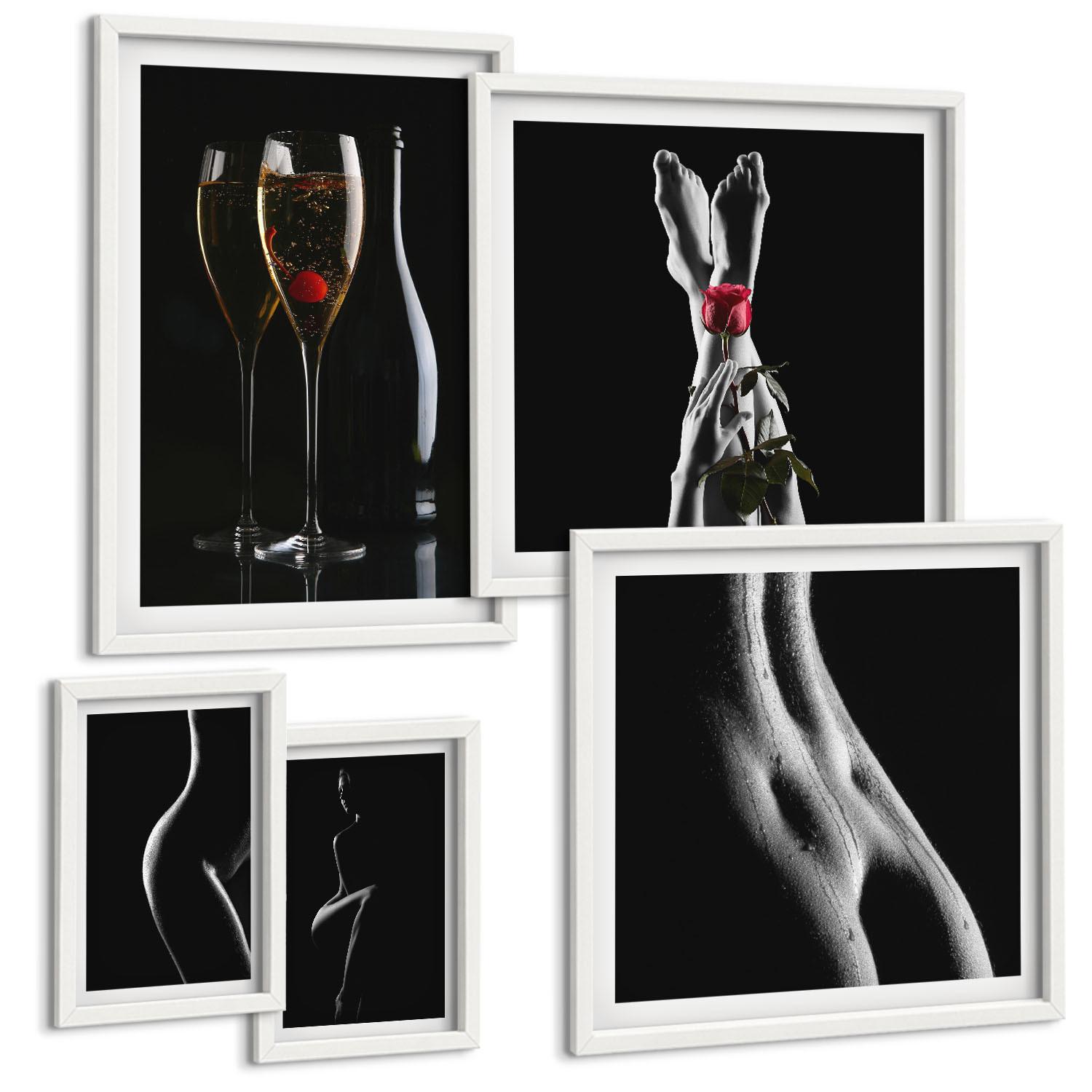 BILDER SET 5er Set - 50x50 cm & 20x30 cm & 40x60 cm Weißer Rahmen - Schwarze und weiße weibliche Formen - Weiß, Kunststoff (40/60cm) - TULUP