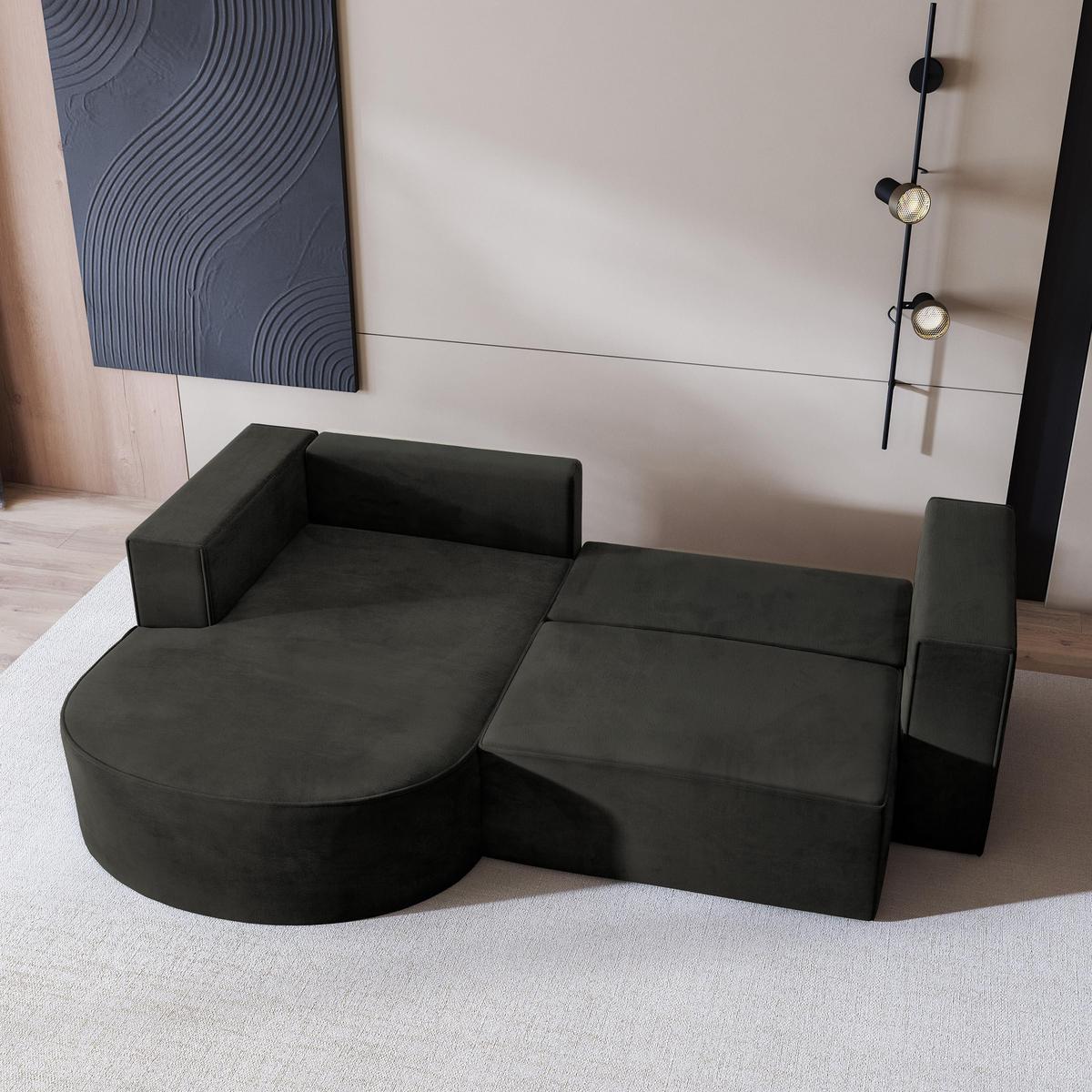 ECKSOFA SORELA M L-S Schwarz Velours-Stoff mit Schlaffunktion - Schwarz, Holz (263/174cm) - MASSENO