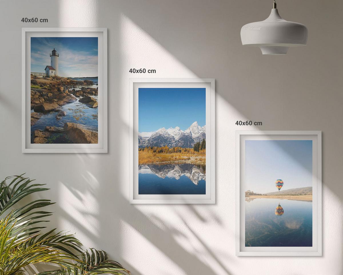 BILDER SET 3er Set - 40x60 cm Weißer Rahmen - Naturansichten, Leuchtturm, Berge, Ballonfahrt - Weiß, Kunststoff (40/60cm) - TULUP