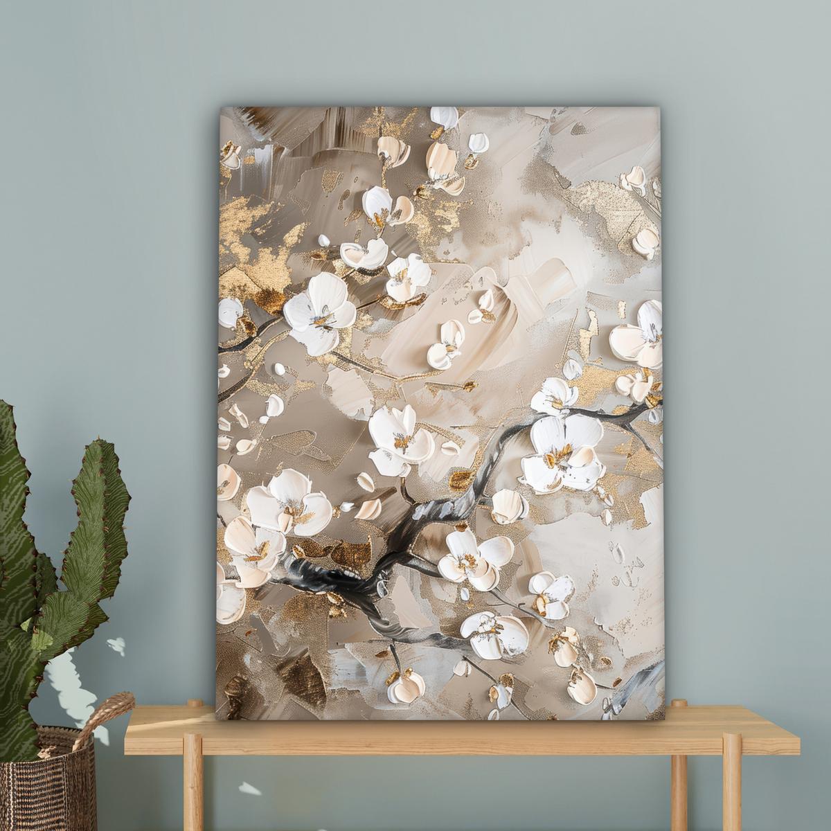 LEINWANDBILD Blumen - Weiß - Gold - Beige - Luxus Wandbild Wohnzimmer 60x80 cm - Greige, Textil (60/80cm) - MuchoWow