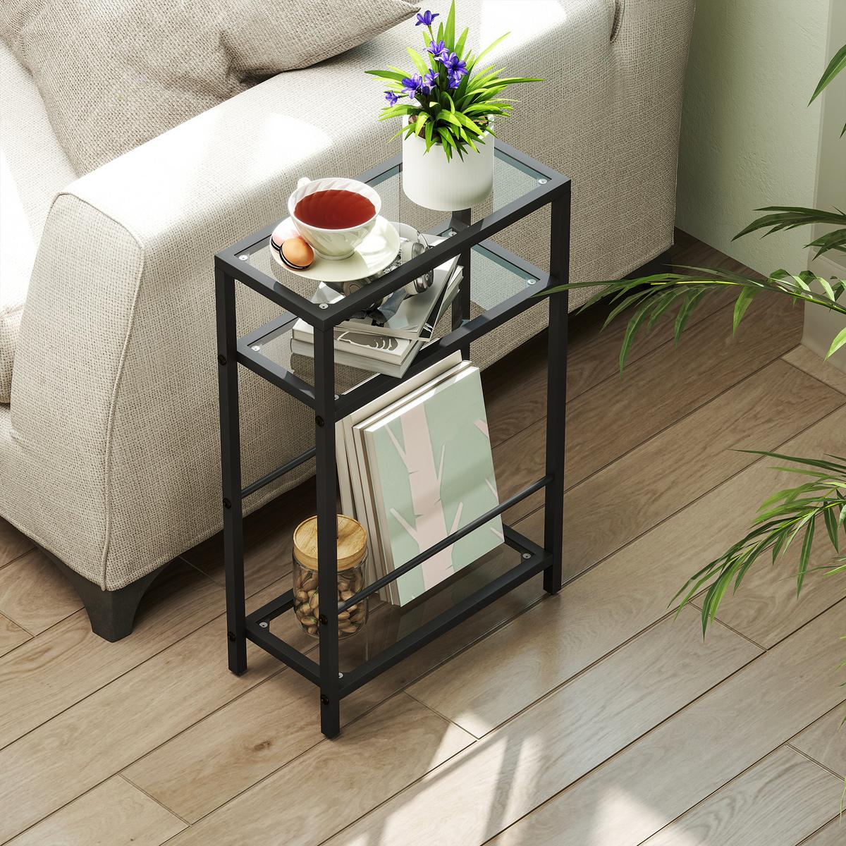 BEISTELLTISCH kleiner Couchtisch mit 3 Ebenen, Tischplatte aus Hartglas Schwarz - Schwarz, Metall (40/18/62cm) - HOMCOM