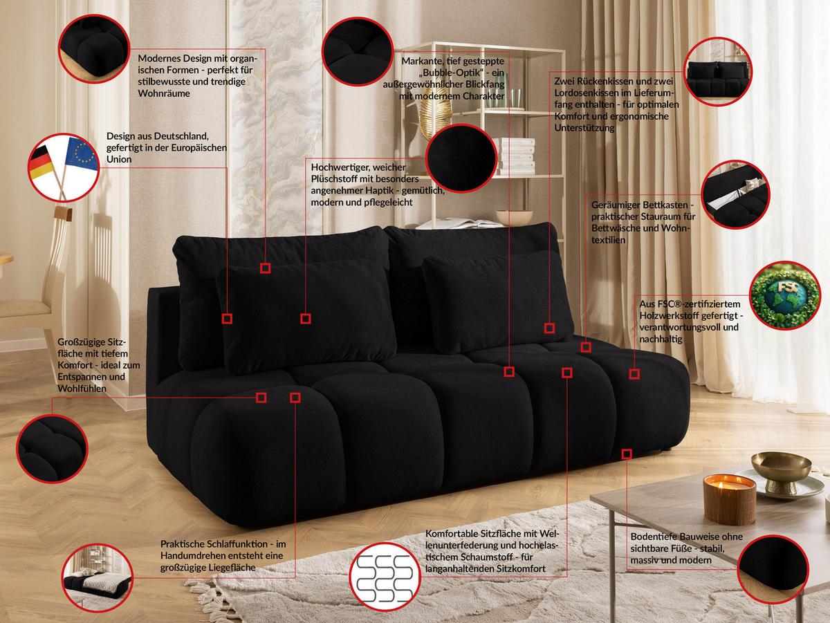 SCHLAFSOFA Belluno aus hochwertigem Schwarz Plüschstoff mit Bettkasten und tiefen Steppungen in Bubble-Optik - Schwarz, Holz/Kunststoff (205/87/105cm) - S-Style