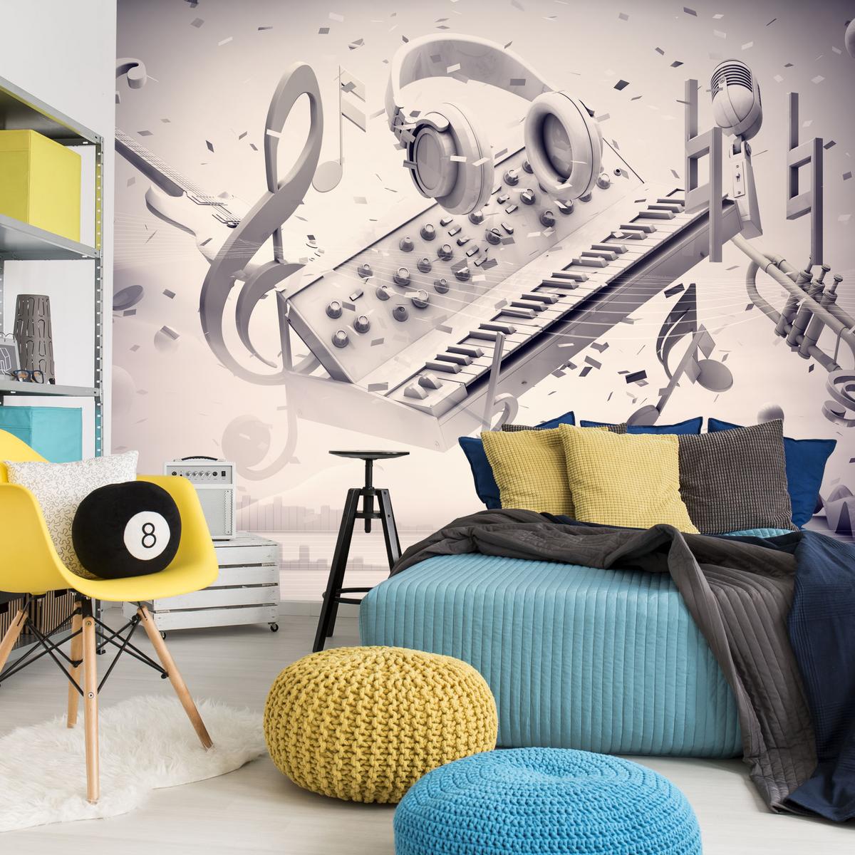 FOTOTAPETE für Jugendzimmer Modern Kollage Musik Klavier Noten Kopfhörer 350x256 - Grau, Papier (350/256cm) - Muralo