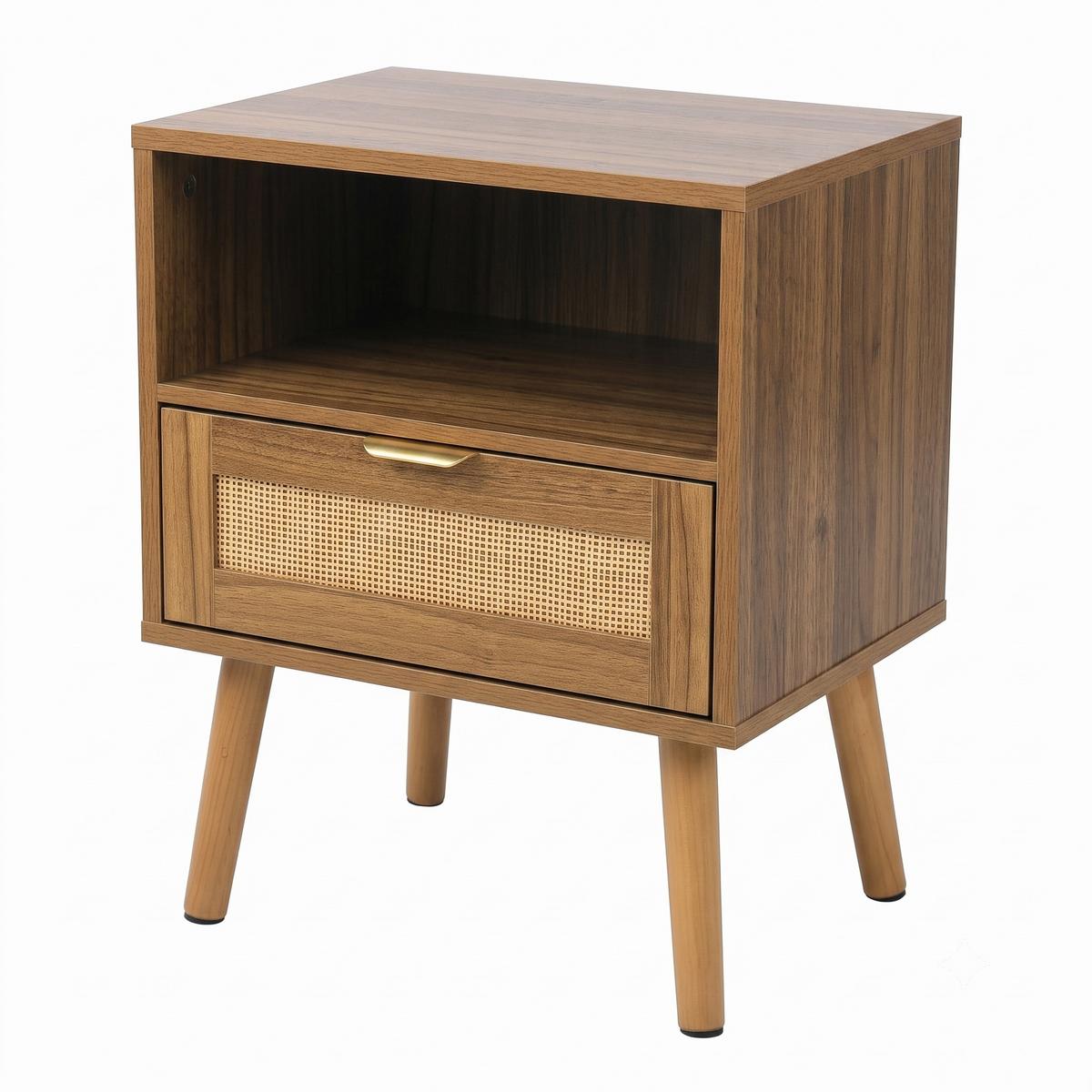 NACHTTISCH Rattan Walnussoptik Boho Mid-Century mit 1 Schublade & Regal - Walnussfarben, Holzwerkstoff (45/55/40cm) - Urban Meuble