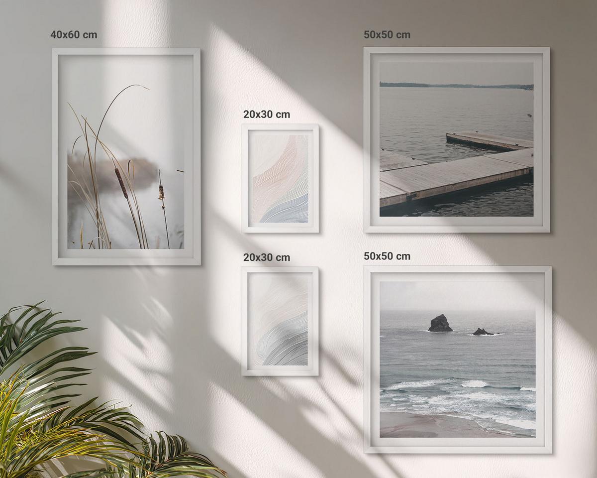 BILDER SET 5er Set - 50x50 cm & 20x30 cm & 40x60 cm Weißer Rahmen - Abstrakte Pastellwellen - Weiß, Kunststoff (40/60cm) - TULUP