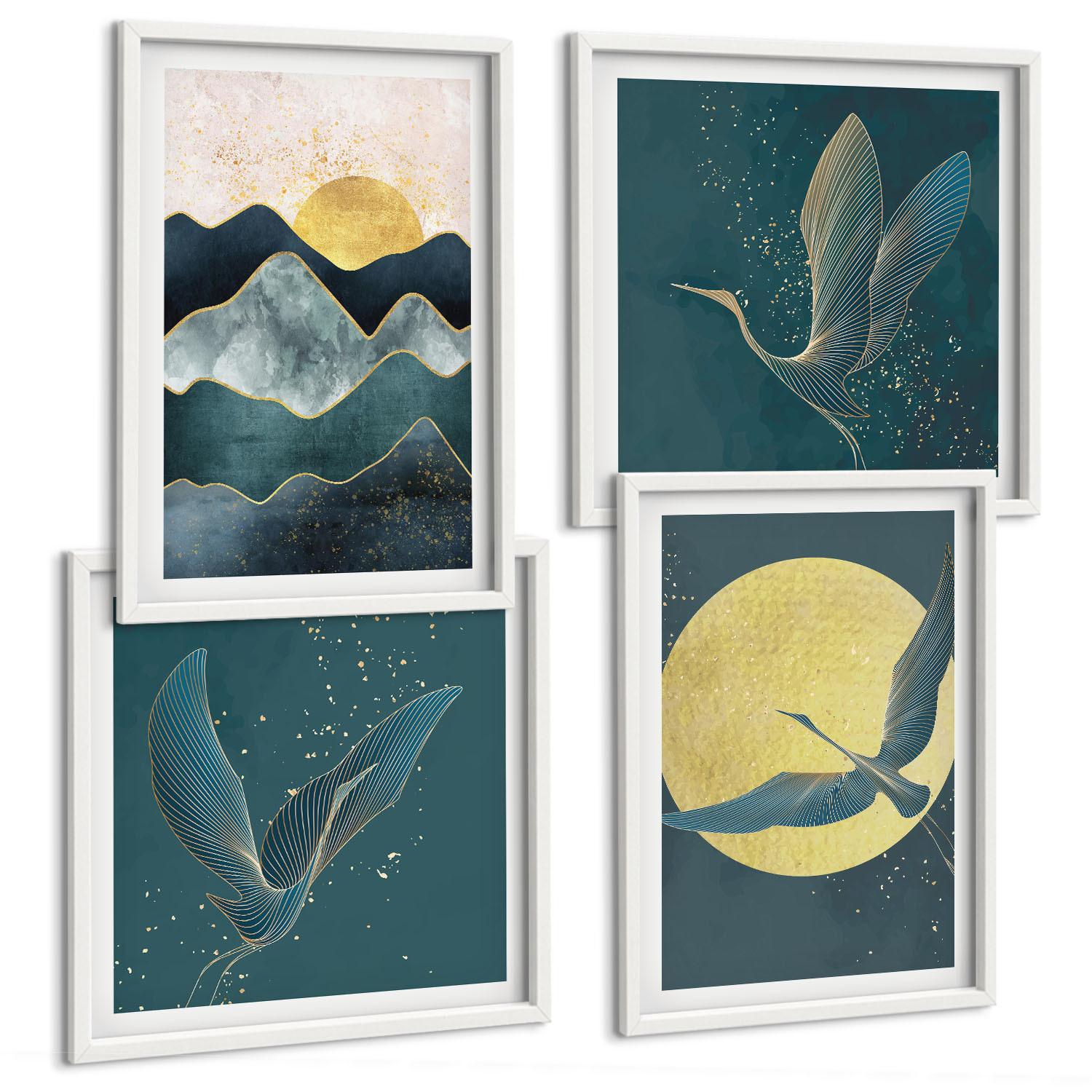 BILDER SET 4er Set - 50x50 cm & 40x60 cm Weißer Rahmen - Vögel, Kraniche, Mond, Berge - Weiß, Kunststoff (50/50cm) - TULUP