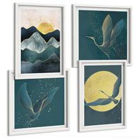 BILDER SET 4er Set - 50x50 cm & 40x60 cm Weißer Rahmen - Vögel, Kraniche, Mond, Berge - Weiß, Kunststoff (50/50cm) - TULUP