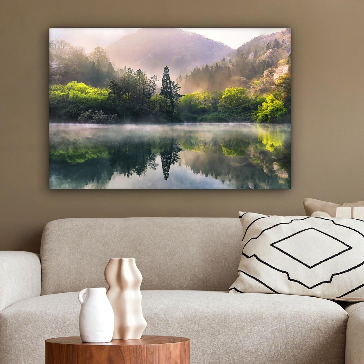 LEINWANDBILD Natur - Bäume - Berge - See - Wasser Gemälde 60x40 cm - Hellgrün, Textil (60/40cm) - MuchoWow
