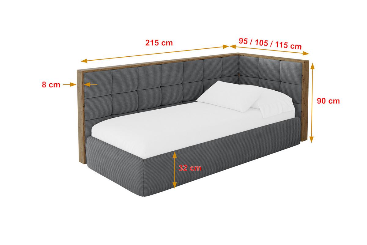 EINZELLBETT Jugendbett mit Bettkasten und Matratze H3/H4, Links - SOVY 90x200 Dunkelgrau - Graphitfarben, Holzwerkstoff/Textil (90/200cm) - ALTDECOR
