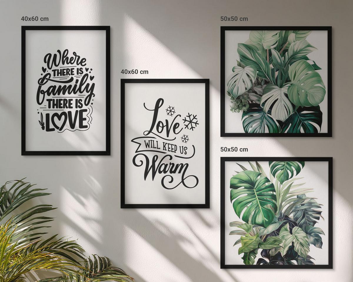 BILDER SET 4er Set - 50x50 cm & 40x60 cm Schwarzer Rahmen - Familie liebt Zuhause Aquarell - Schwarz, Kunststoff (50/50cm) - TULUP