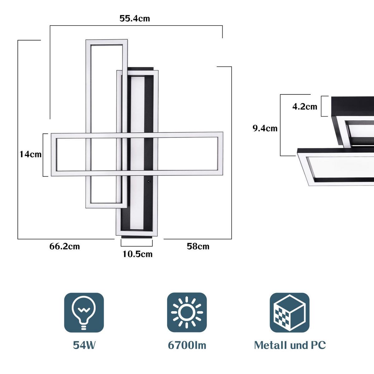 LED-DECKENLEUCHTE Mahoney 55.5/66.5/9.7cm - Schwarz, Metall (66.5/55.5/9.7cm) - Nettlife
