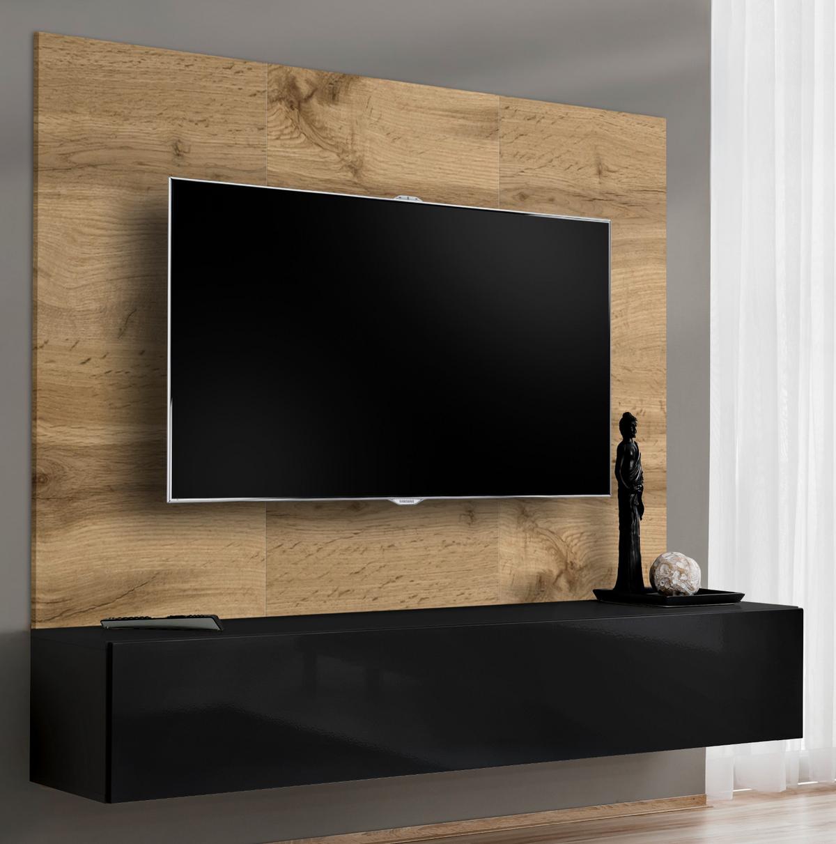 TV-LOWBOARD Eiche Wotan und schwarz 180 cm, Set hängend inklusive Akustikpaneel - Eiche Wotan/Schwarz, Holzwerkstoff (180/148/40cm) - Inn.Furn