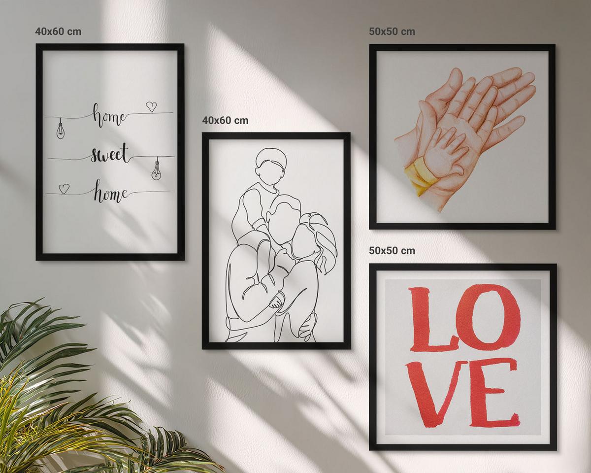 BILDER SET 4er Set - 50x50 cm & 40x60 cm Schwarzer Rahmen - Familienillustrationen Hausschilder - Schwarz, Kunststoff (50/50cm) - TULUP