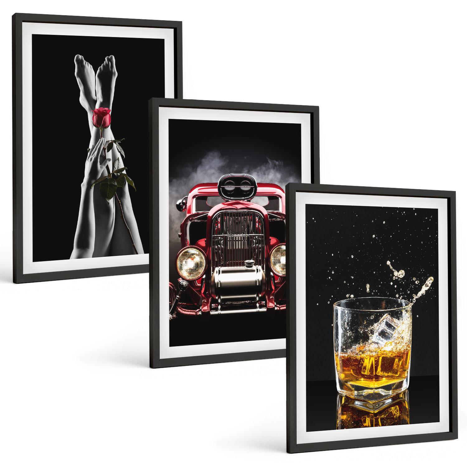 BILDER SET 3er Set - 40x60 cm Schwarzer Rahmen - Frauenbeine Rosenauto Whisky - Schwarz, Kunststoff (40/60cm) - TULUP
