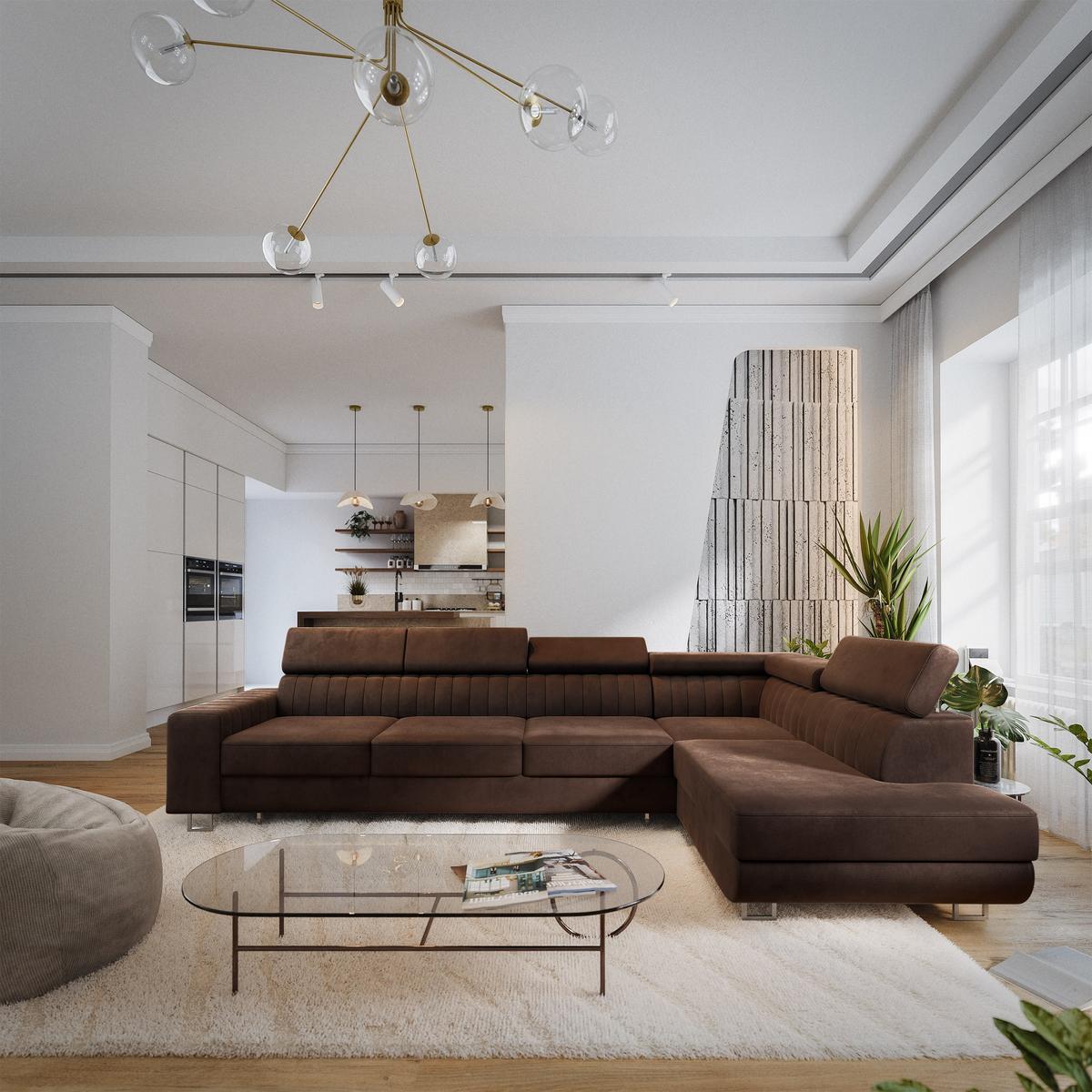 ECKSOFA HESTION Braun Velours-Stoff mit Schlaffunktion - Braun, Holz (332/190cm) - MASSENO