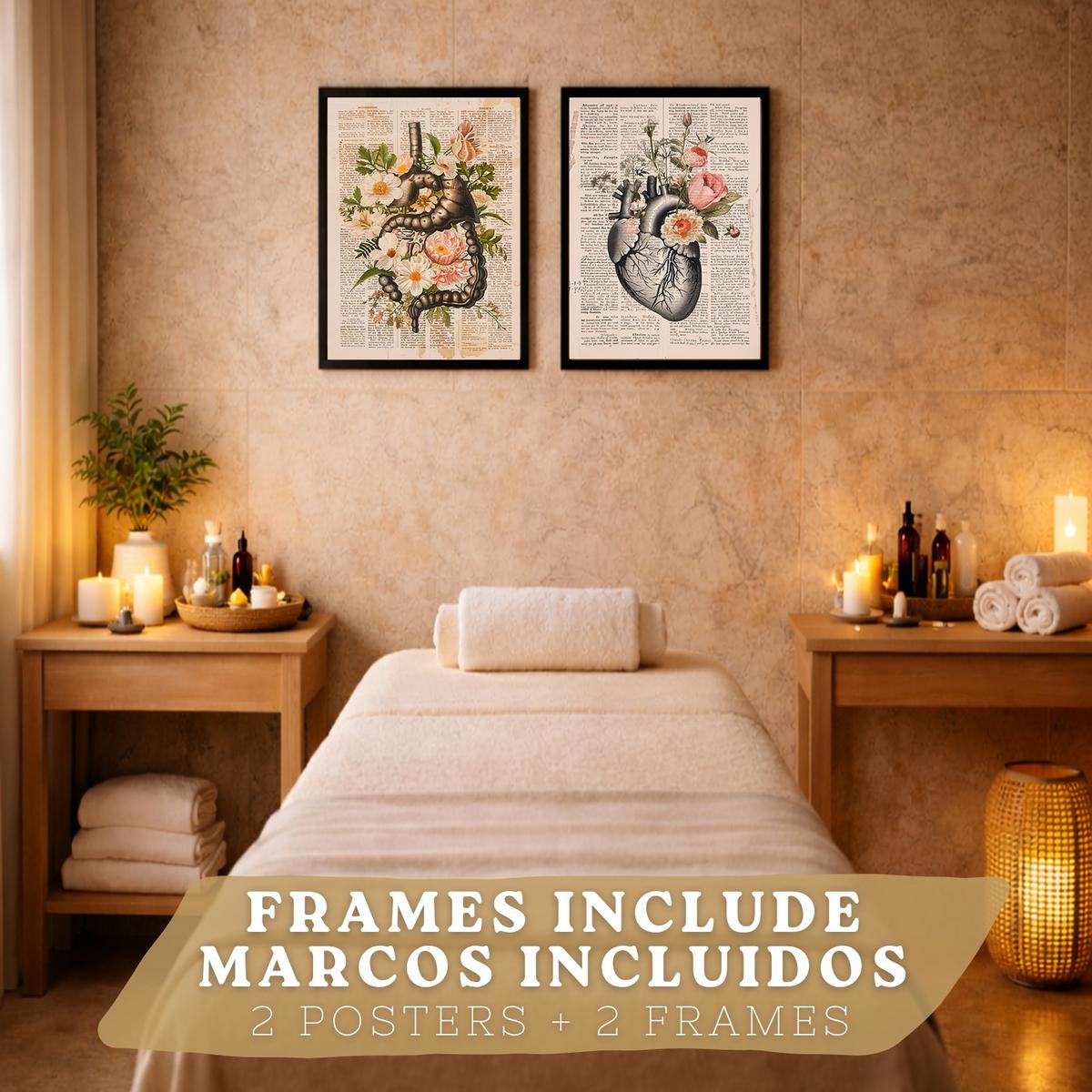 POSTER Set aus 2 Anatomie Mensch Drucke und Wandbilder mit Verdauungssystem Darm und Herz Klassisches Florales Design Größe Schwarzer Rahmen A3 - Schwarz, Papier (29.7/42/3cm) - Nacnic