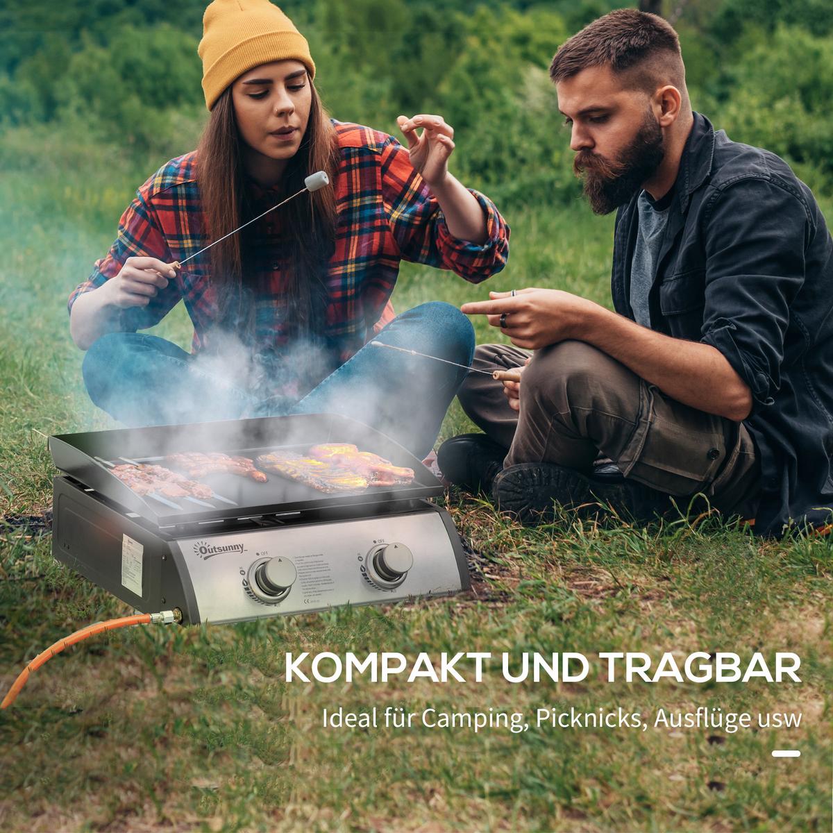 GASGRILL BBQ mit 2 Brennern, Edelstahl+Metall, Silber, 48,5 x 46 x 21 cm - Silberfarben, Metall (48/21/48.5cm) - Outsunny