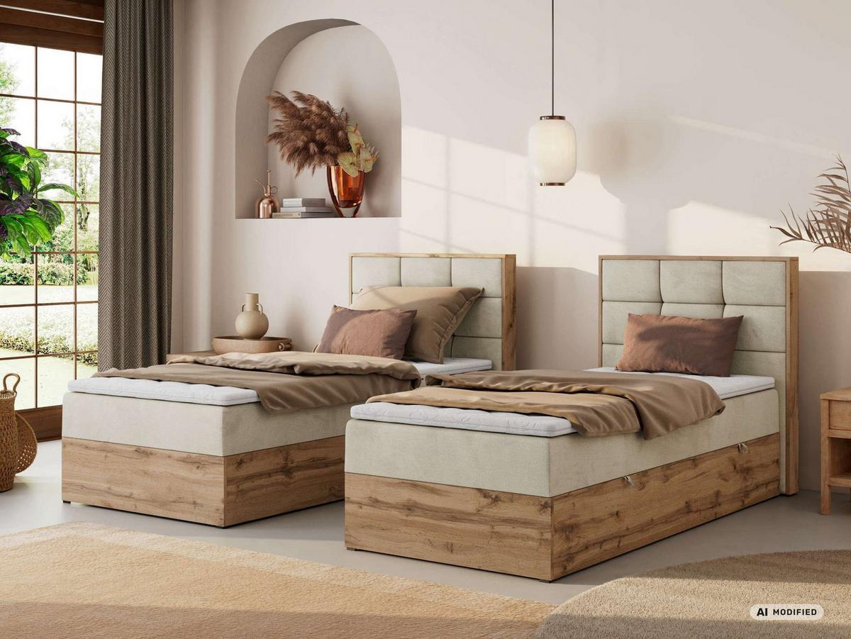 BOXBETT ALBERO 1 90/200 - Beige Velvet - Topper Visco - H3 - Rechts - Beige/Schwarz, Kunststoff/Textil (90/200cm) - MKS