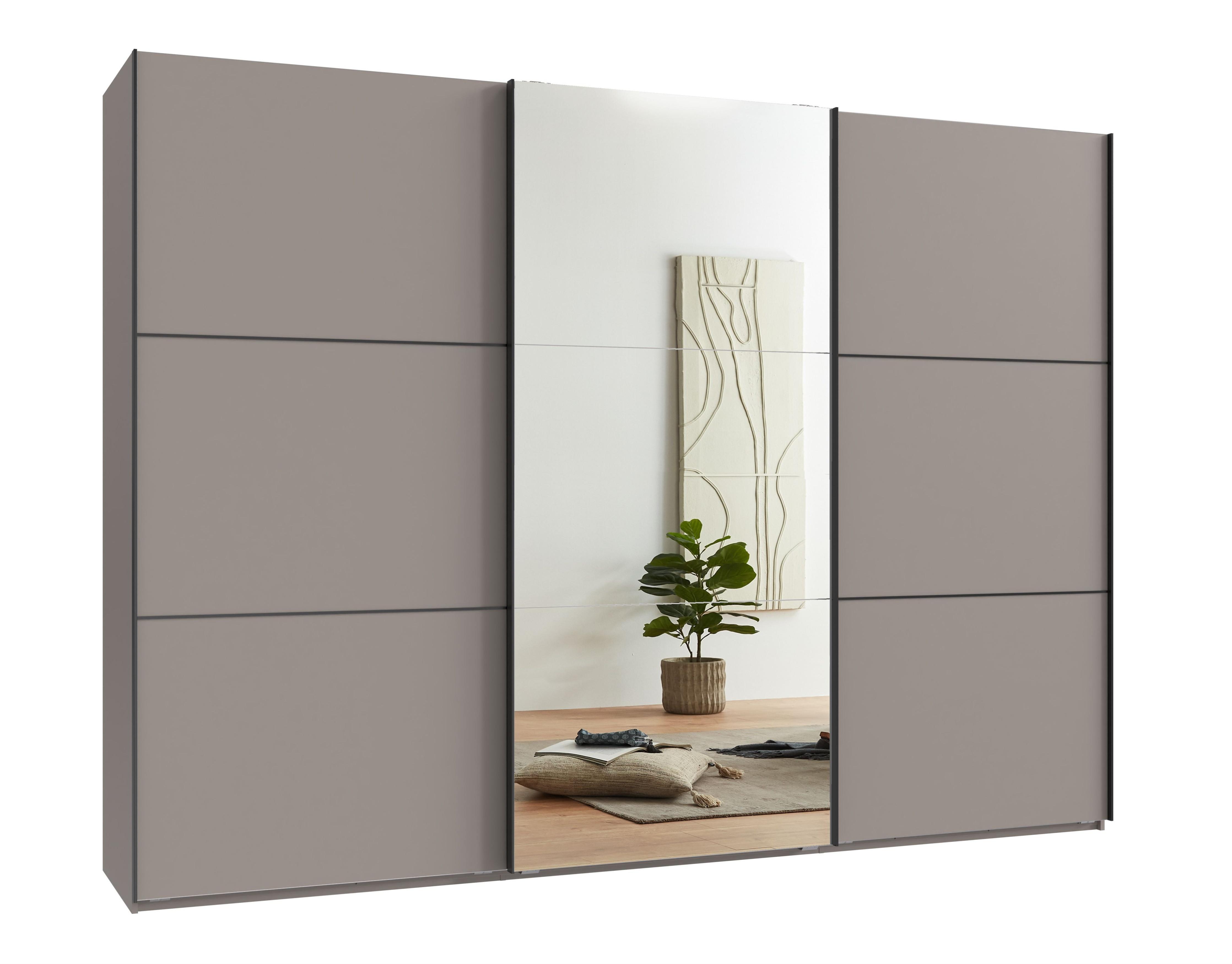 SCHWEBETÜRENSCHRANK 3-türig B300/H216/T65 cm in Sandgrau, eine Spiegeltür, Kleiderschrank inkl. Vollausstattung / 22020 - Sandfarben/Rot, Holzwerkstoff/Metall (300/216/65cm) - luma-home