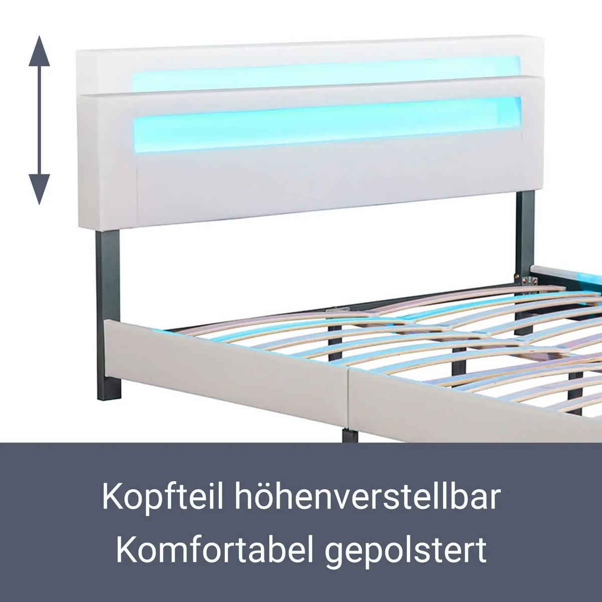 POLSTERBETT Paris weiß 180x200cm mit Matratze und LED (16 Farben) - Weiß, Textil (180/200cm) - Juskys