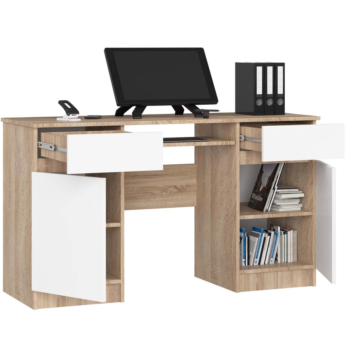SCHREIBTISCH Eiche Sonoma, Weiß 77/135/50 - Weiß/Sonoma Eiche, Holzwerkstoff (90/50/77cm) - RAUMHIRSCH FURNITURE