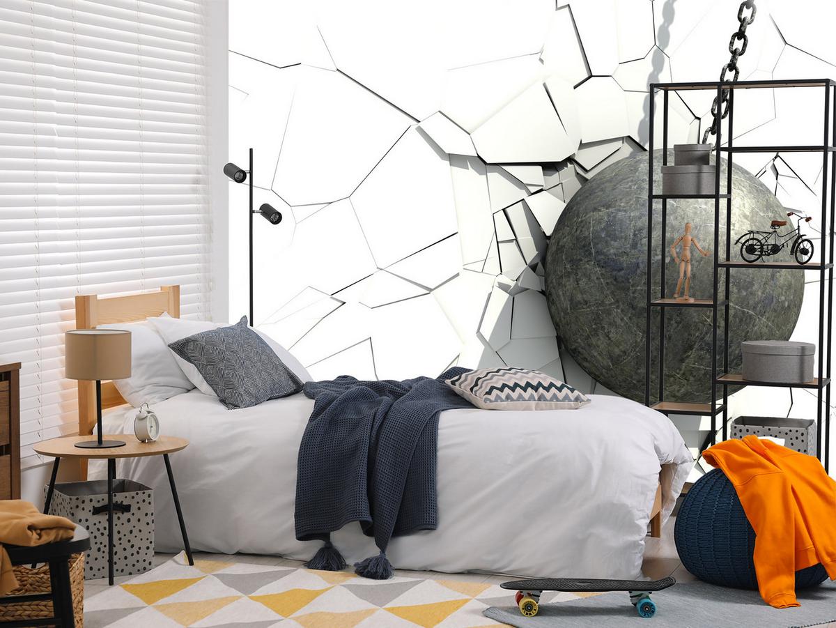FOTOTAPETE für Büro Metallkugel Riss Weiße Wand 350x256 - Weiß/Grau, Papier (350/256cm) - Muralo