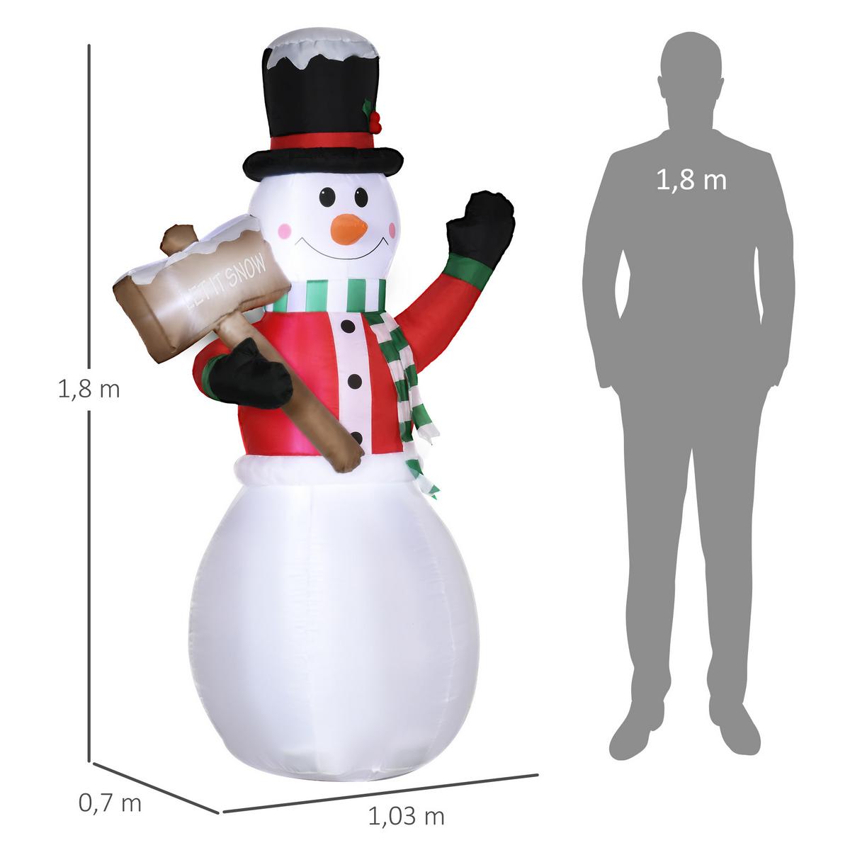180 cm Aufblasbarer Schneemann mit Schild Weihnachtsdekoration mit LED-Licht - Weiß, Kunststoff (70/180/103cm) - Outsunny
