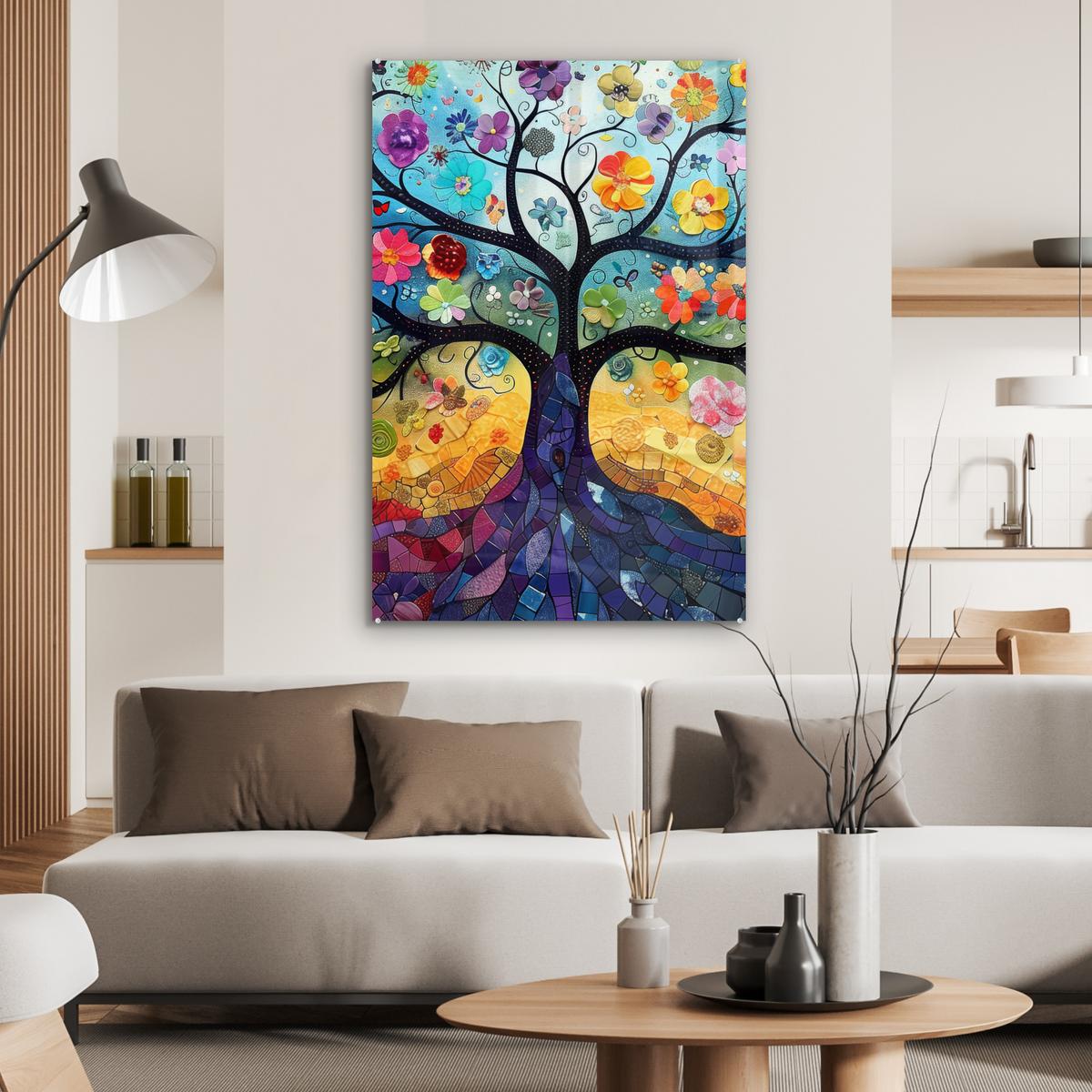 ACRYLGLASBILD Kunst - Baum des Lebens - Blumen - Hippie 80x120 cm - Dunkelblau, Glas (80/120cm) - MuchoWow