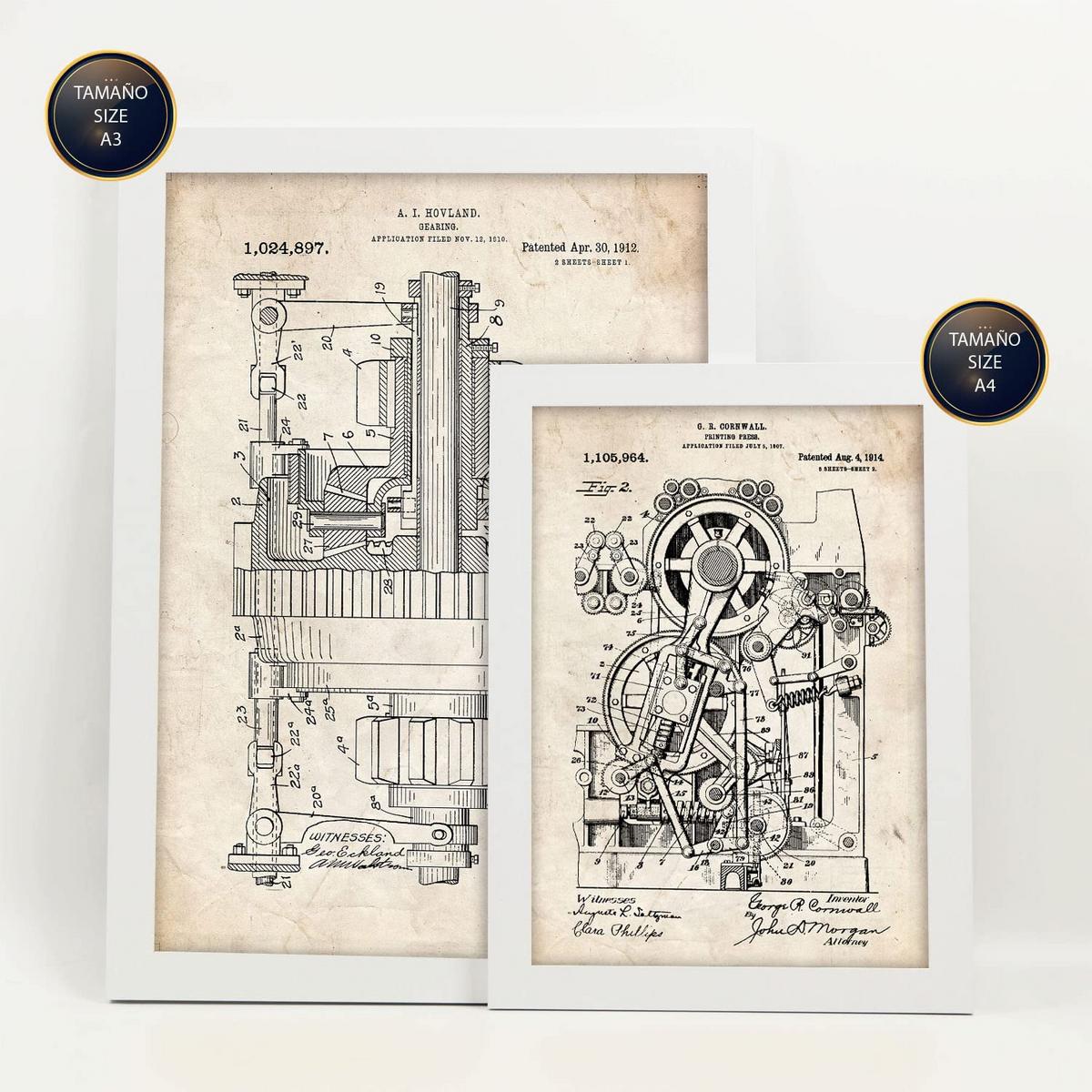 POSTER Set Mit 6 Plakaten Mit Maschinen Patenten Im Vintage Stil A3 & A4 Weißer Rahmen - Weiß, Papier (29/3cm) - Nacnic
