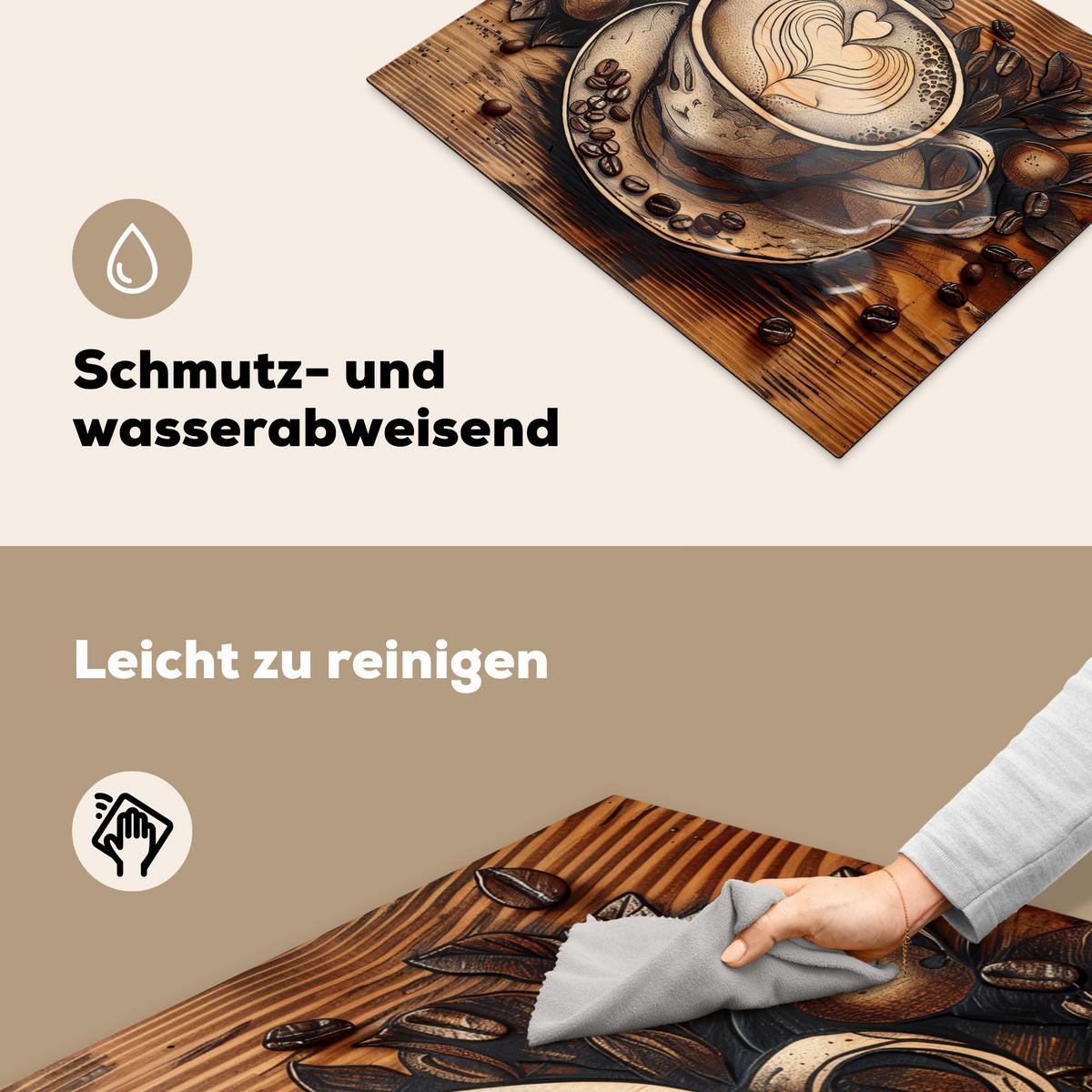 HERDABDECKPLATTE Kaffee - Vintage - Braun - Tasse - Holz Herdabdeckung Induktionsfeld 65x52 cm - Cappuccino, Kunststoff (65/52/0.2cm) - MuchoWow