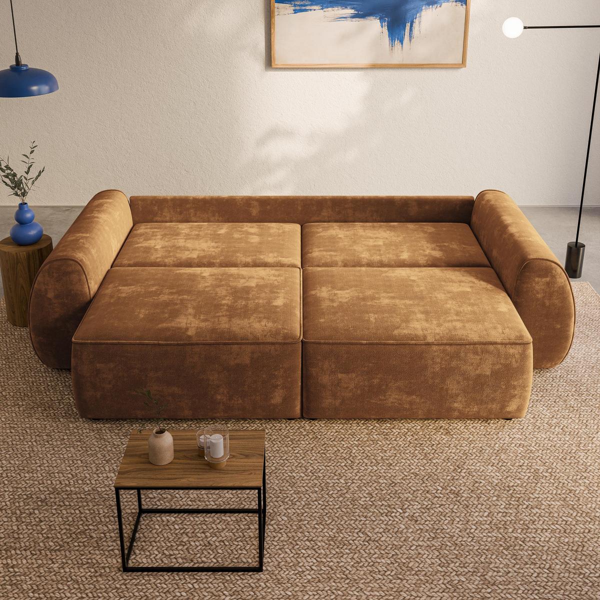 BETTSOFA ZEFEO Hellbraun Chenille-Stoff mit Schlaffunktion - Hellbraun, Textil (264/96/106cm) - MASSENO