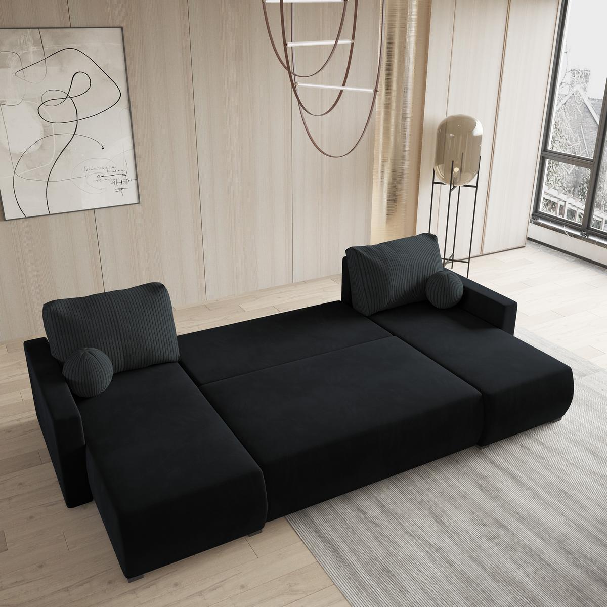 WOHNLANDSCHAFT TESSUN Schwarz Plüsch-Stoff mit Schlaffunktion - Schwarz, Holz (286/85/143cm) - MASSENO