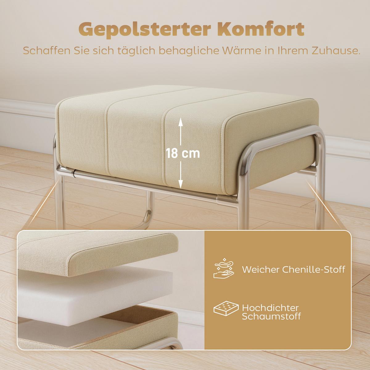 FUSSHOCKER Sitzhocker Dick Gepolstert Hocker mit Stahlbeinen für Schlafzimmer - Beige/Silberfarben, Textil/Metall (42/42/52cm) - HOMCOM