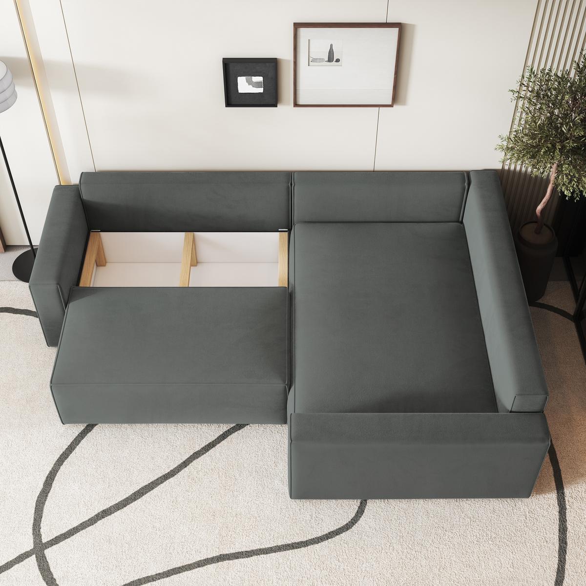 ECKSOFA ERONIS R-S Grau Velours-Stoff mit Schlaffunktion - Grau, Holz (265/194cm) - MASSENO