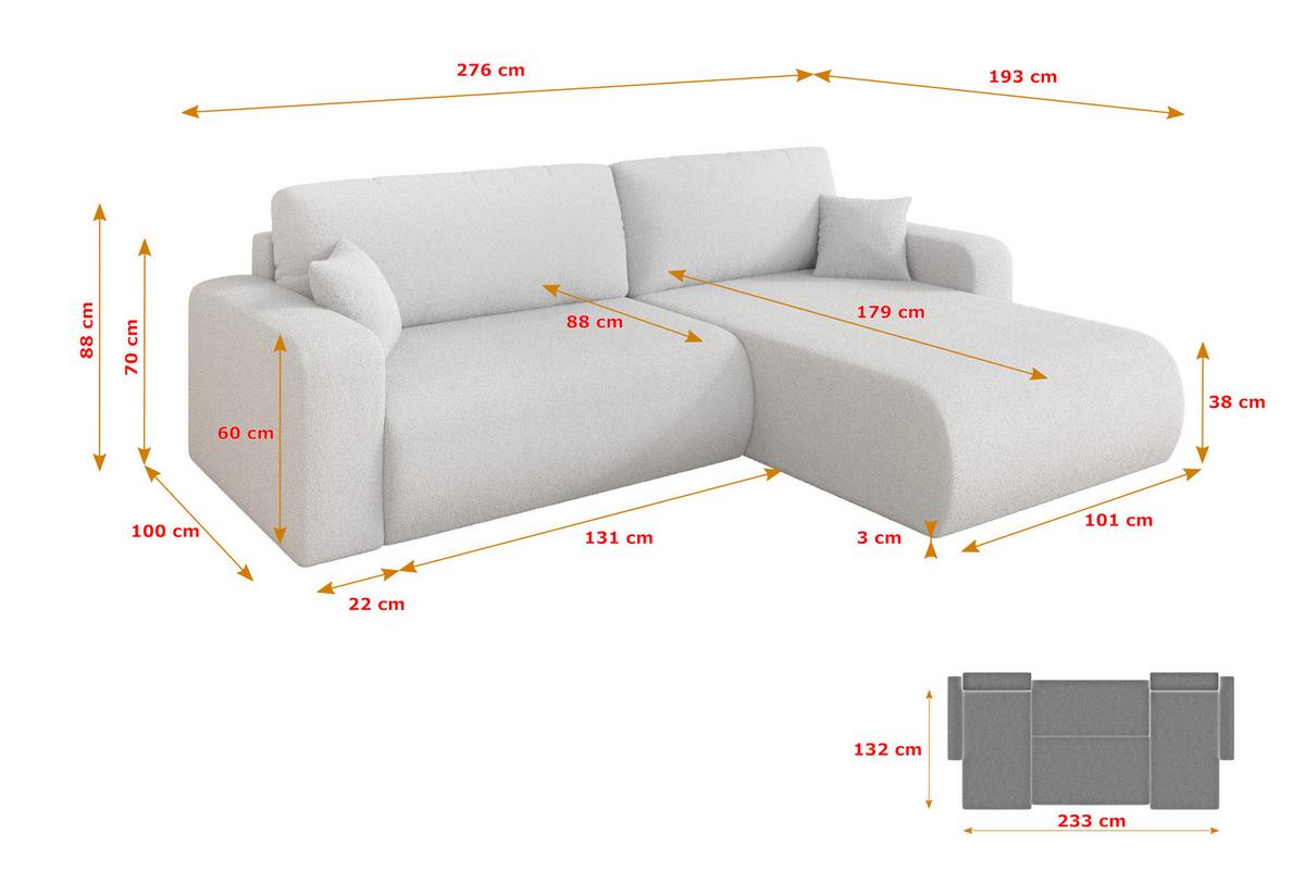 ECKSOFA mit Schlaffunktion Ottomane Rechts BERY-L 276x193x88 Weiß Bouclé - Schwarz/Weiß, Holzwerkstoff/Kunststoff (276/193cm) - ALTDECOR