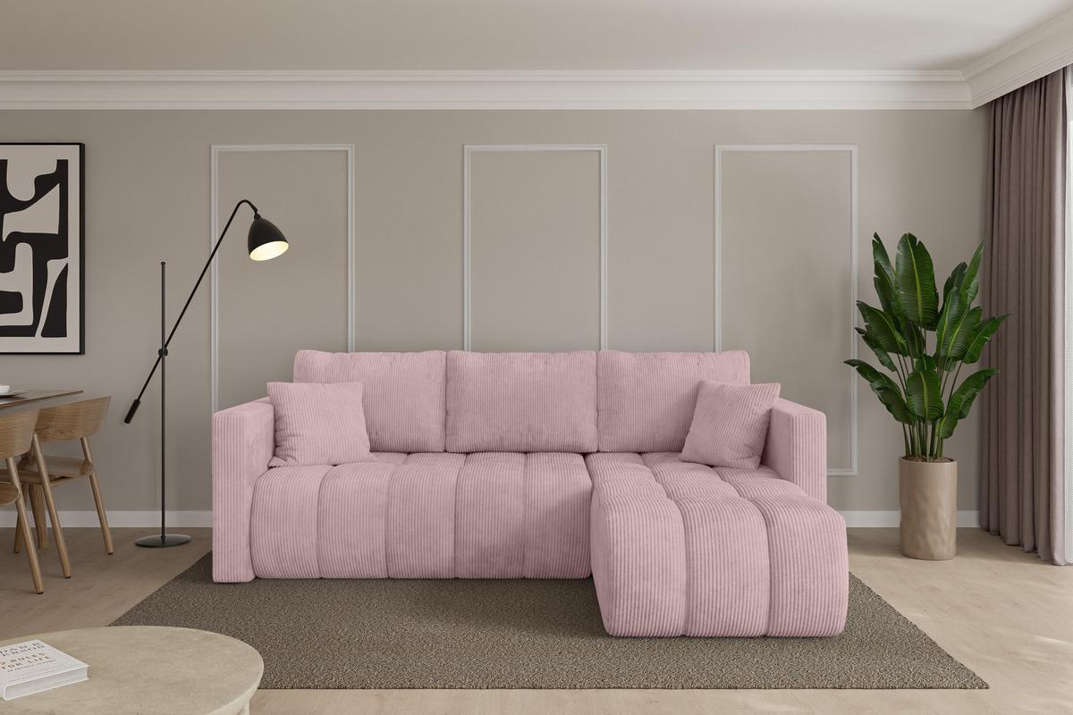 ECKSOFA mit Schlaffunktion Ottomane Rechts GARD-L 226x146x85 Rosa Cord - Schwarz/Rosa, Holzwerkstoff/Kunststoff (226/146cm) - ALTDECOR