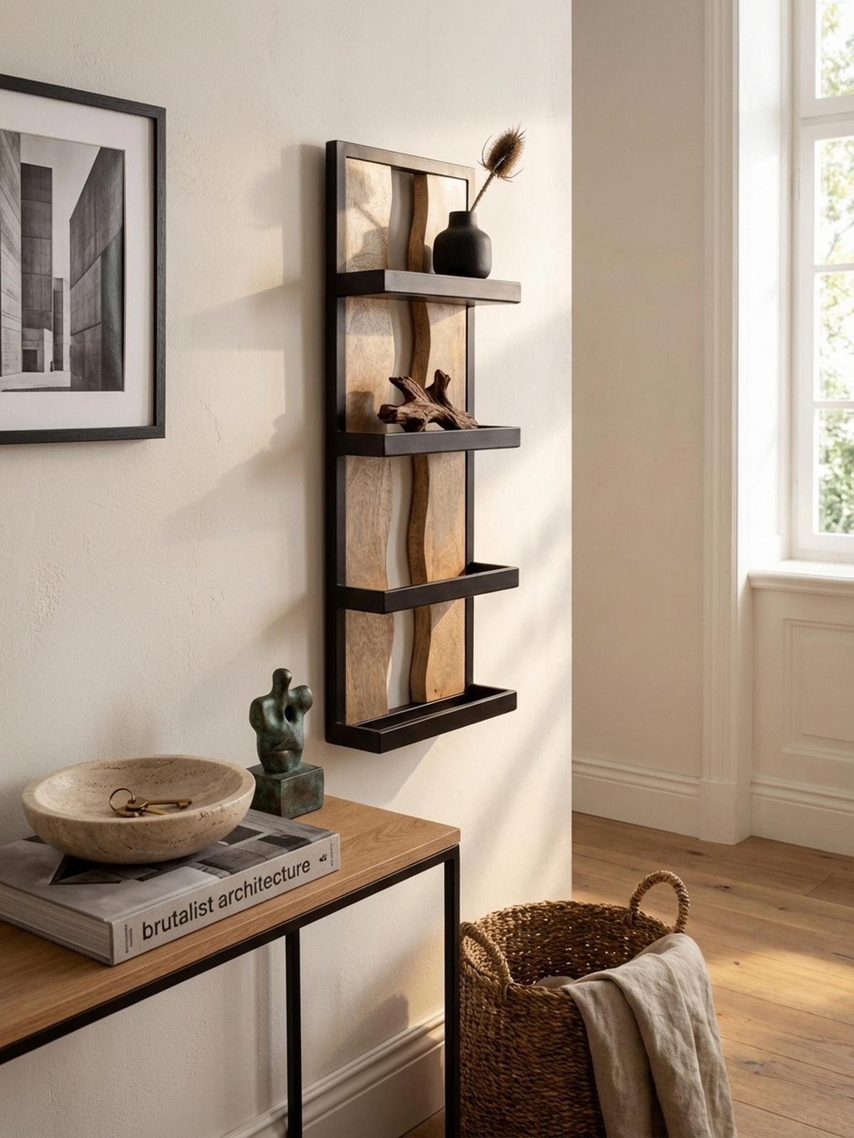 WANDREGAL Mango Massivholz Metall Industrial Stil 30x80x10 cm Rechteckig mit 4 Ablagen und Wellenmuster - Braun, Holz (80/30/10cm) - KADIMA DESIGN