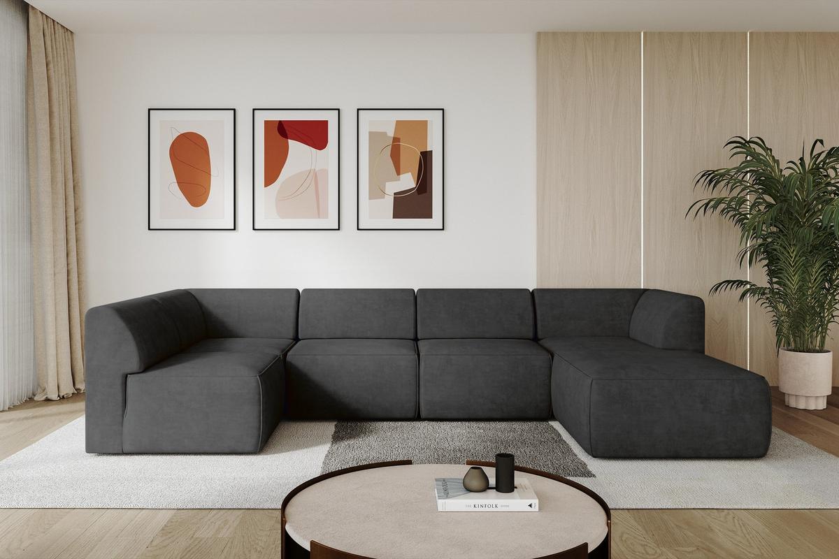 WOHNLANDSCHAFT Ottomane Rechts MOVA 345x180x78 Schwarz Velours - Schwarz, Holzwerkstoff/Kunststoff (345/78/180cm) - ALTDECOR