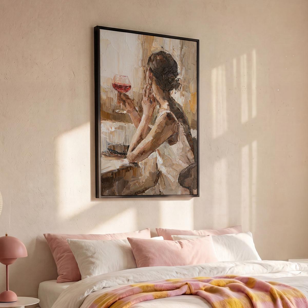 LEINWAND Bilder mit Rahmen - Ölgemälde - Frau - Wein - 80x120 - Hellbraun, Textil (80/120cm) - MuchoWow